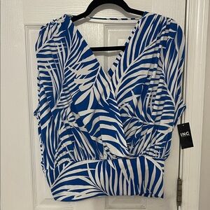 INC International Concepts Royal Blue & White Palm-Print Wrap Blouse